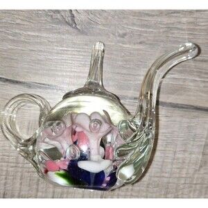 Vintage Joe St Clair Glass Teapot Ring Holder Paperweight Multicolor Flowers